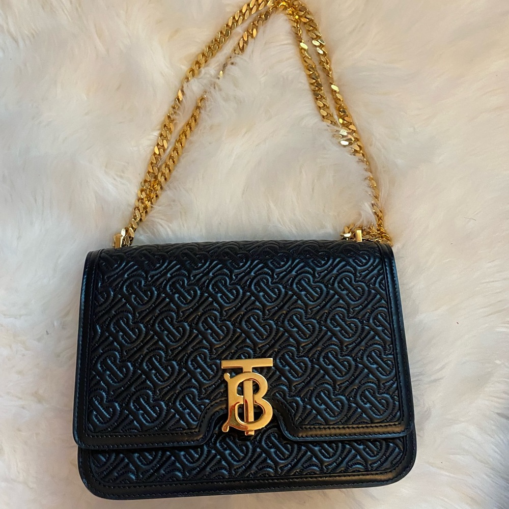 Black Burberry medium quilted monogrammed lamb skin TB bag